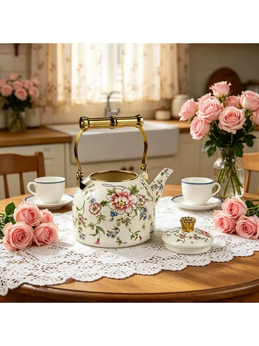 Vintage Floral Enamel Tea Kettle with Gold Handle, 2.5L Stovetop Teapot, Home